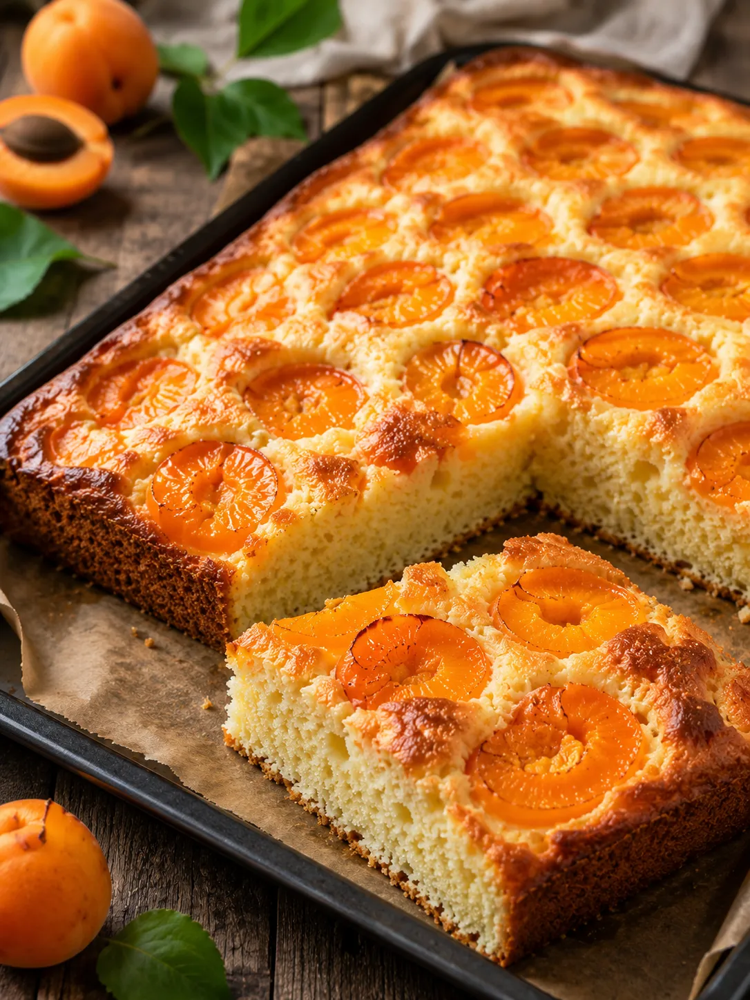 Aprikosen Blechkuchen mit frischen Aprikosen im Hochformat