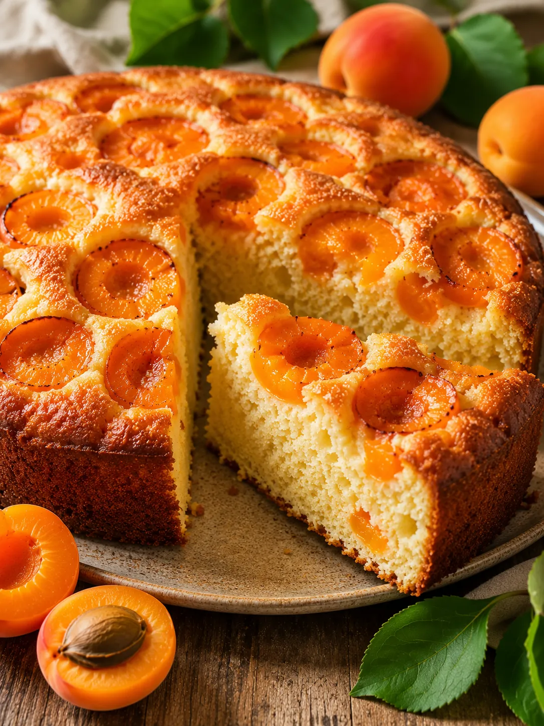 Aprikosenkuchen mit frischen Aprikosen im Hochformat
