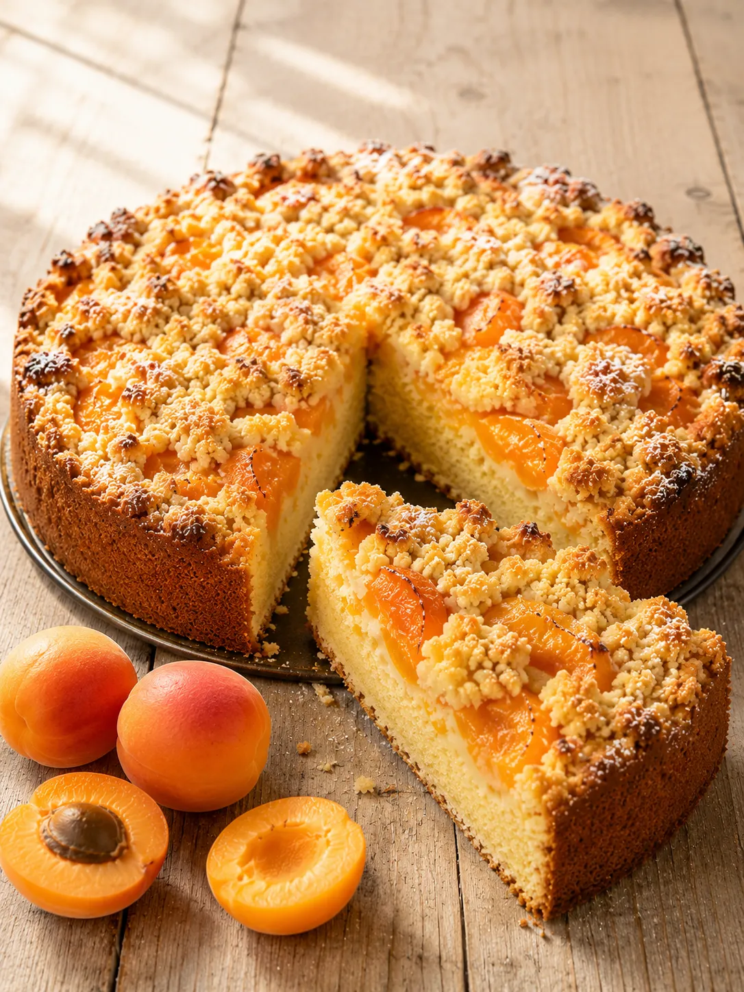 Hausgemachter Aprikosenkuchen mit Streusel und frischen Aprikosen auf hellem Holzuntergrund.