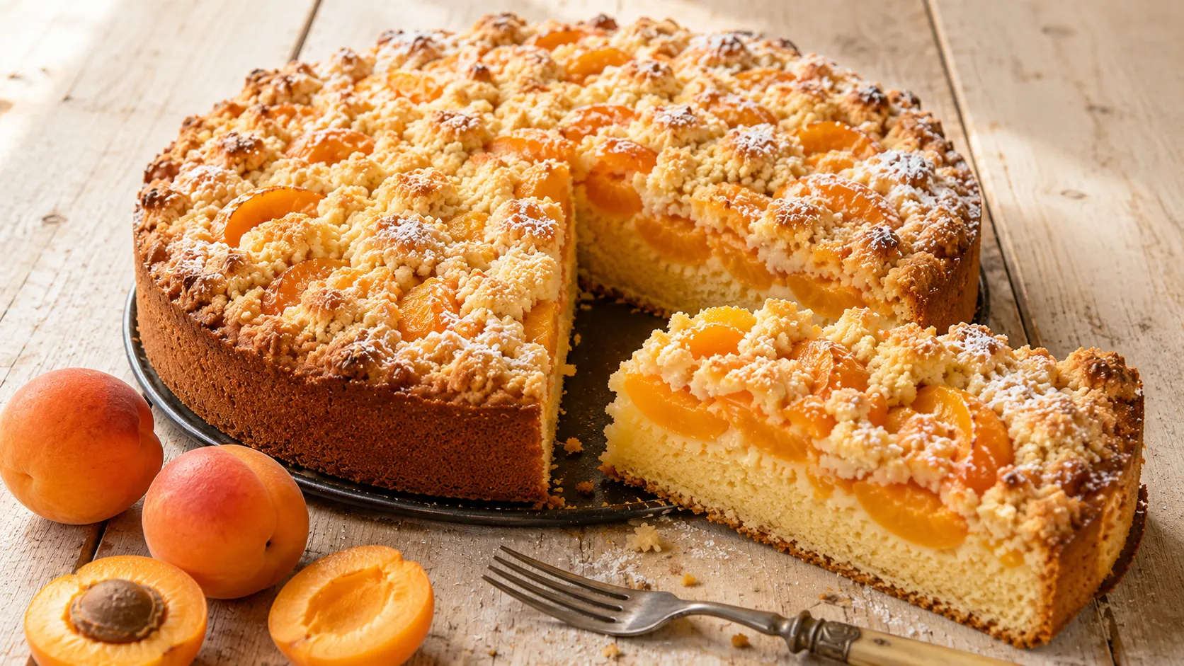 Fertiger Aprikosenkuchen mit Streusel, saftigem Rührteig, frischen Aprikosen und knusprigen Butterstreuseln.