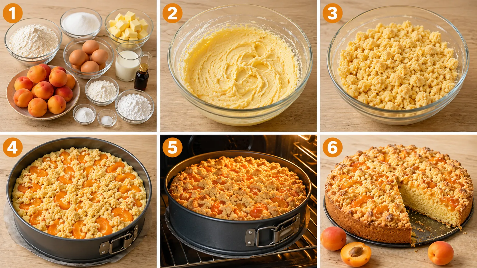 Schritt-für-Schritt Zubereitung für Aprikosenkuchen mit Streusel vom Rührteig bis zum fertigen Kuchen.