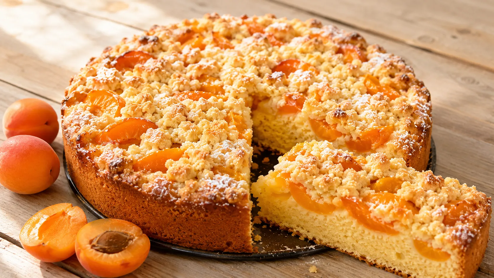 Saftiger Aprikosenkuchen mit Streusel aus lockerem Rührteig mit frischen Aprikosen und knusprigen Butterstreuseln.