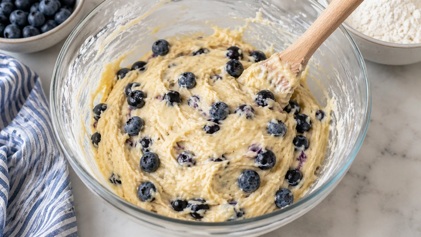 Muffinteig mit frischen Blaubeeren in einer Glasschüssel