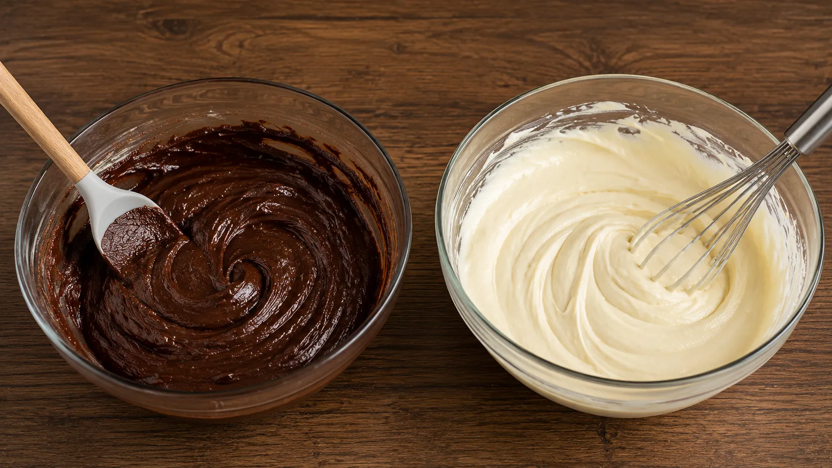 Brownie Teig und Cheesecake Masse in zwei separaten Glasschüsseln