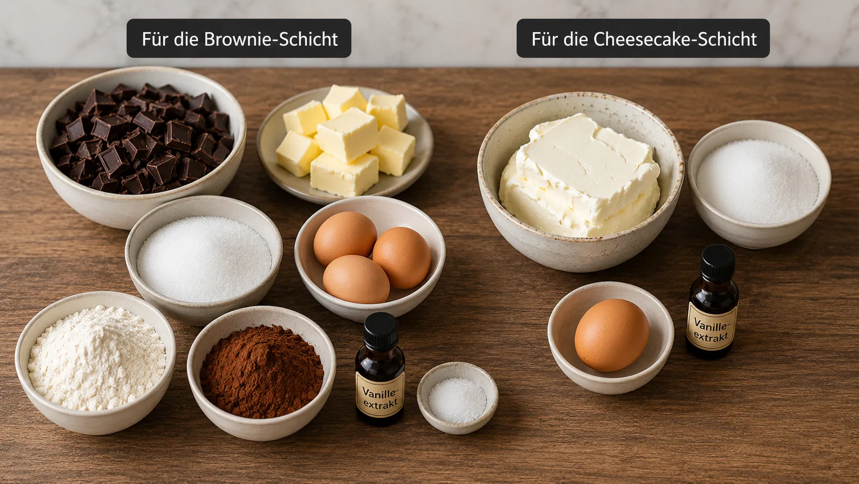 Zutaten für Cheesecake Brownies mit Frischkäse, Schokolade und Backkakao
