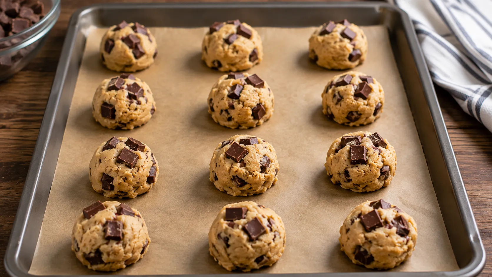 Cookie Teigkugeln auf einem Backblech vor dem Backen