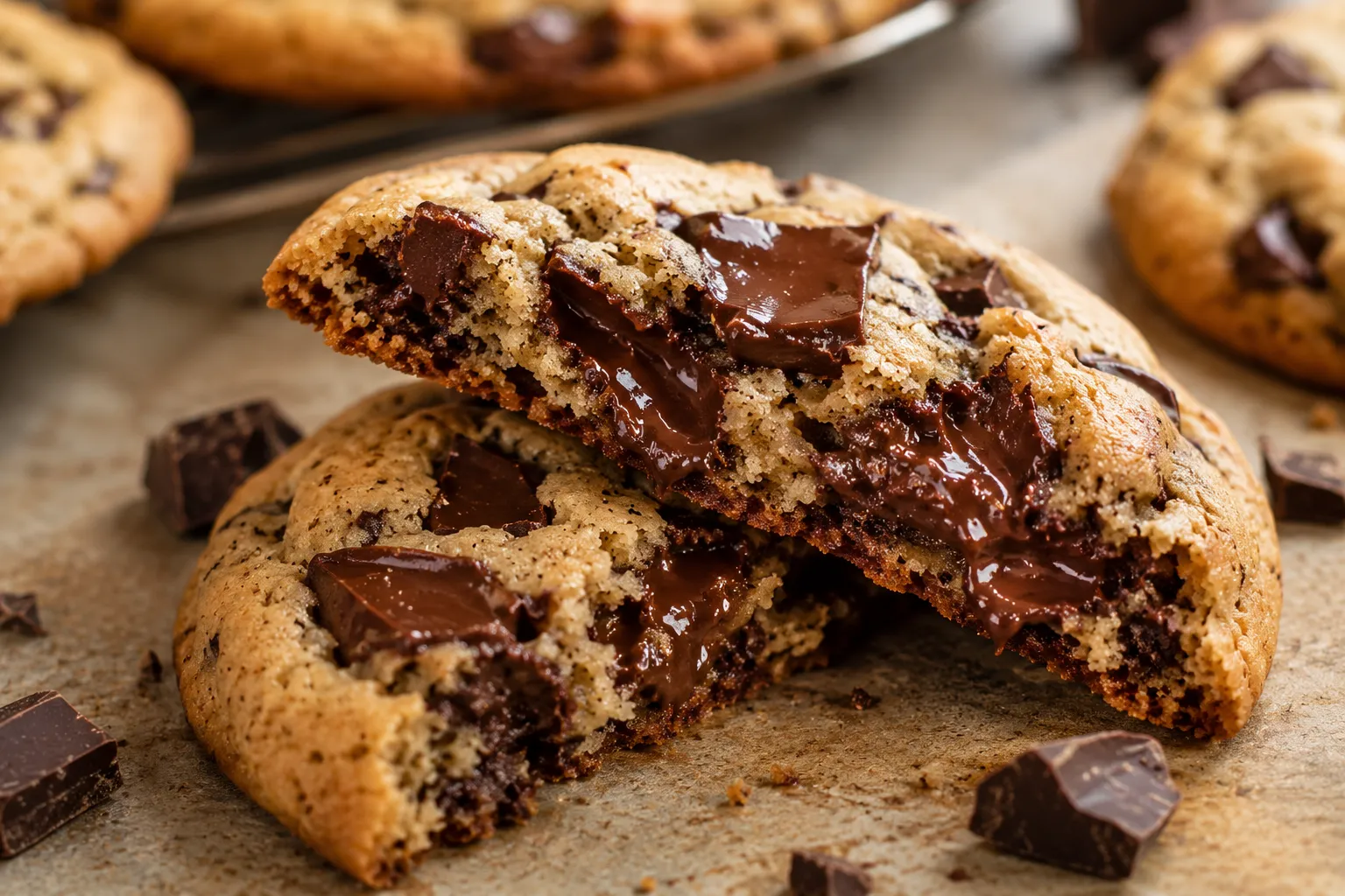 Aufgebrochener Chocolate Chip Cookie mit geschmolzener Schokolade
