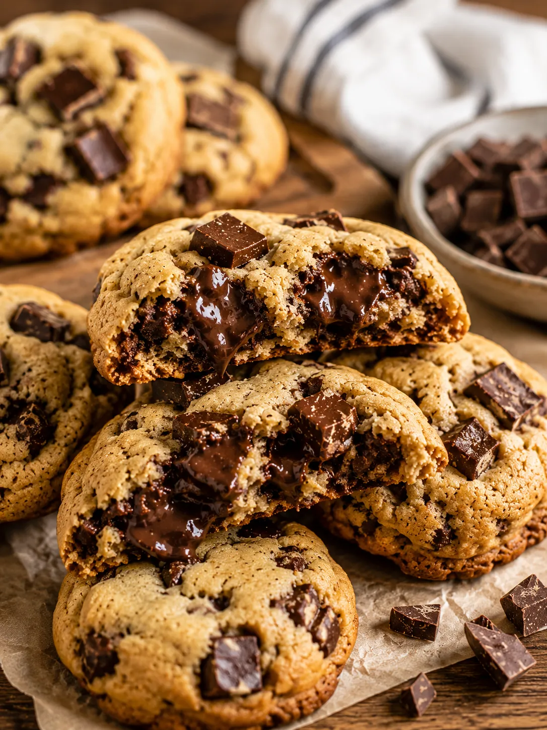 Mehrere Chocolate Chip Cookies mit geschmolzener Schokolade