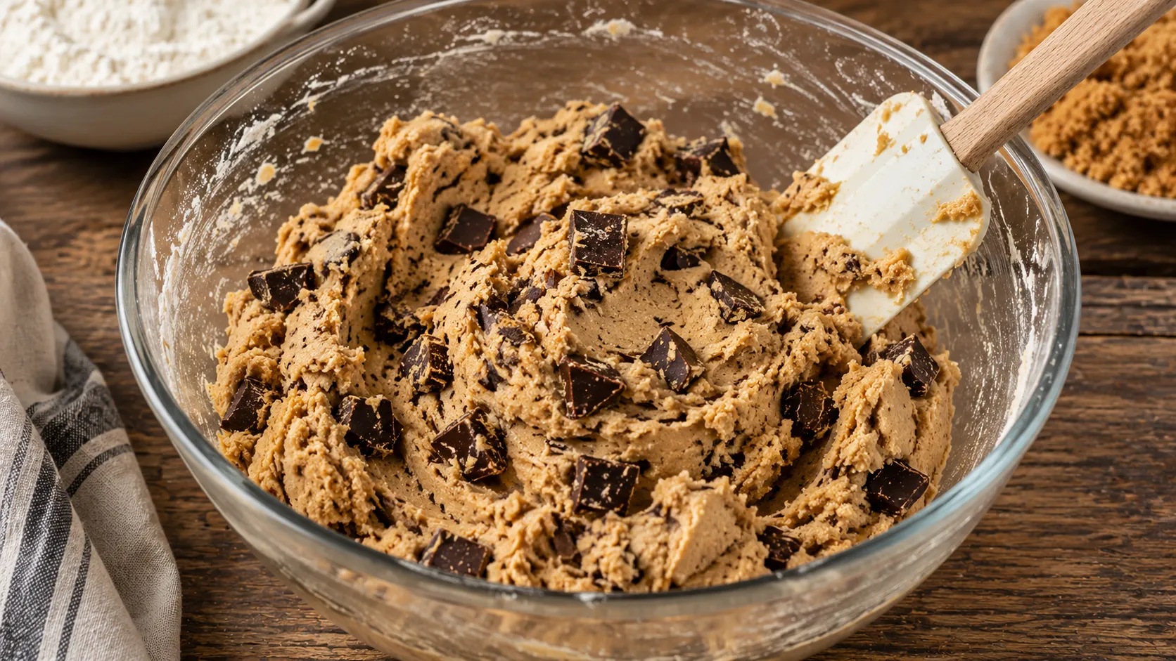 Dicker Cookie Teig mit gehackter Schokolade in einer Glasschüssel