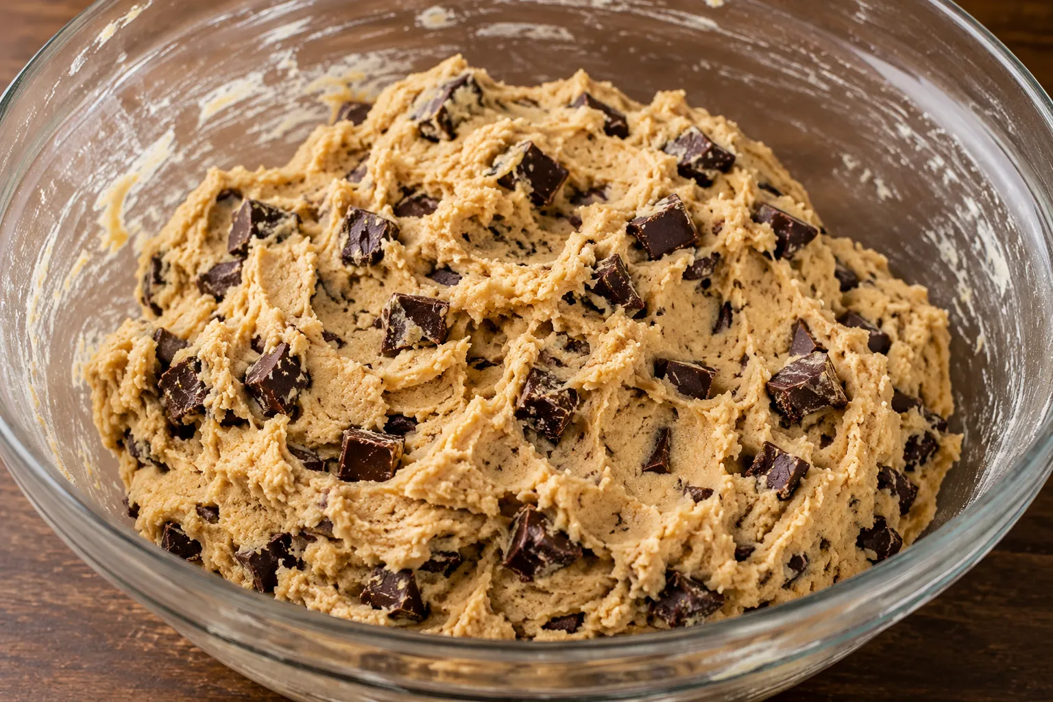 Cookie-Teig mit gehackter Zartbitterschokolade in einer Glasschüssel