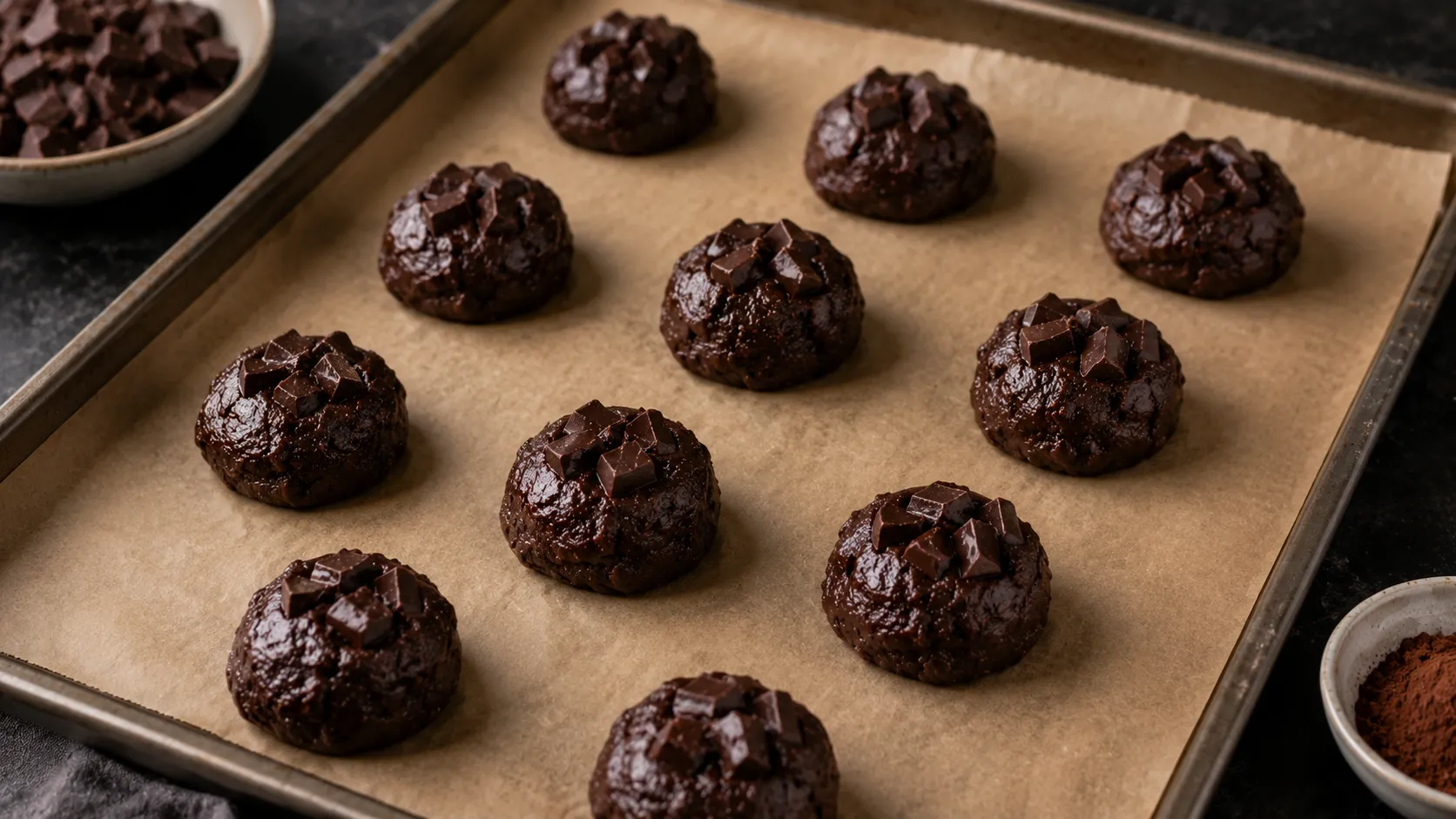 Cookie Teigkugeln auf einem Backblech vor dem Backen