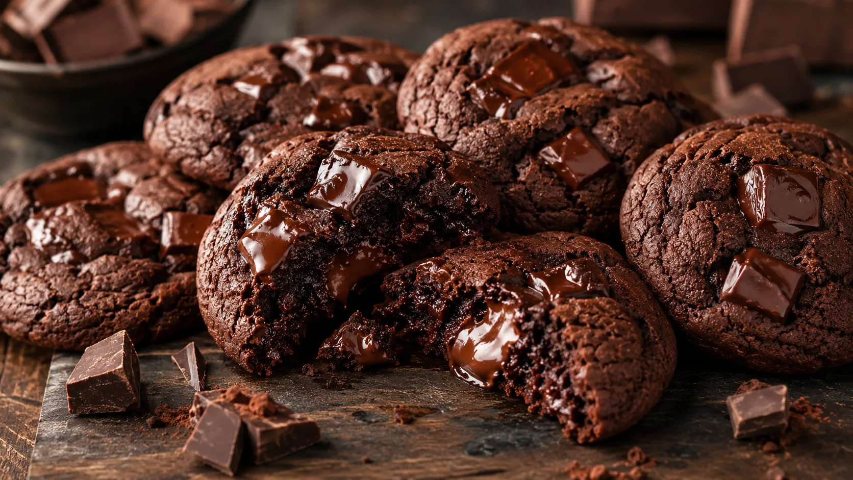 Double Chocolate Cookies mit geschmolzener Zartbitterschokolade und weicher Mitte