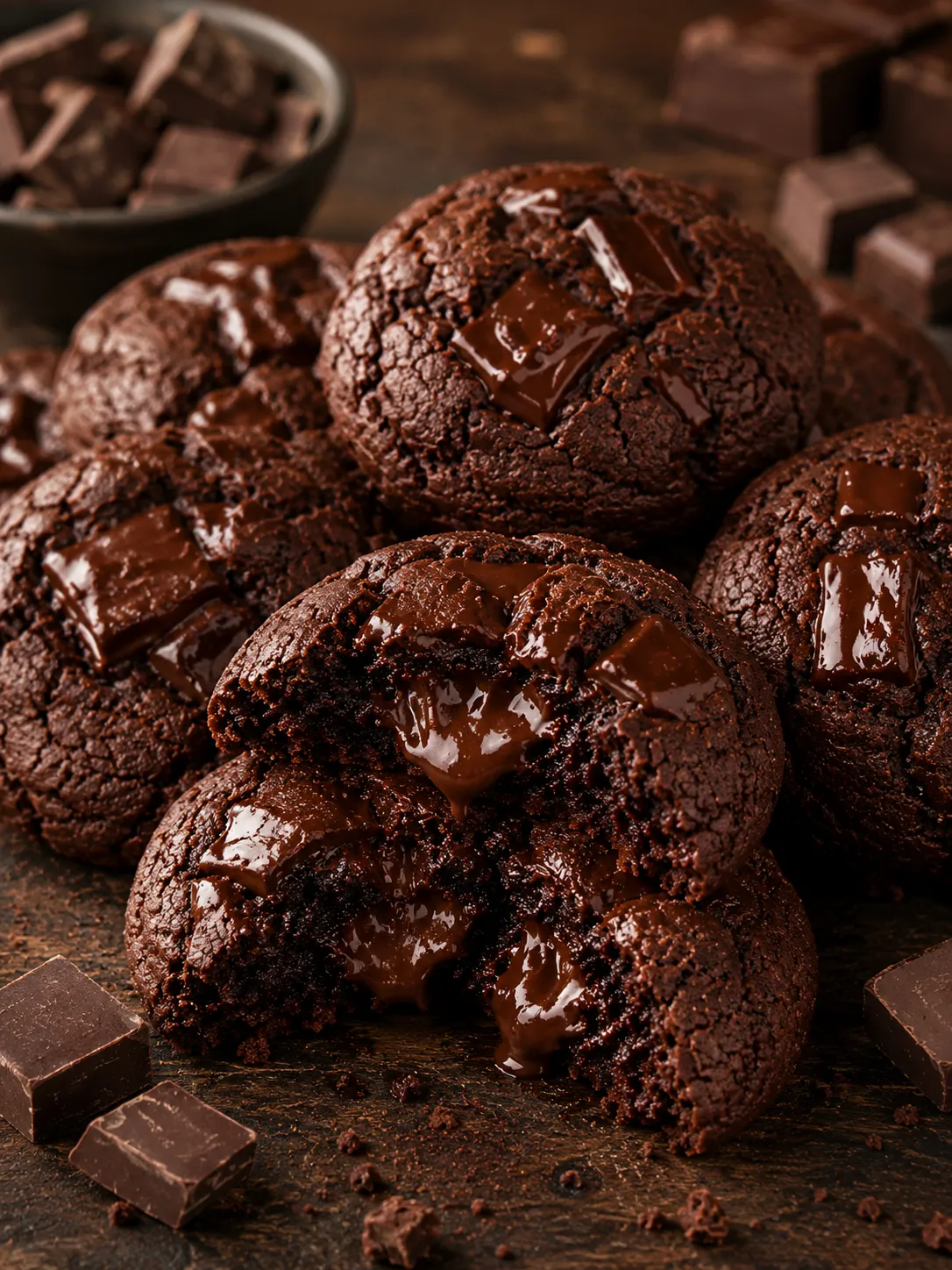 Aufgebrochene Double Chocolate Cookies mit geschmolzener Zartbitterschokolade und weicher Mitte