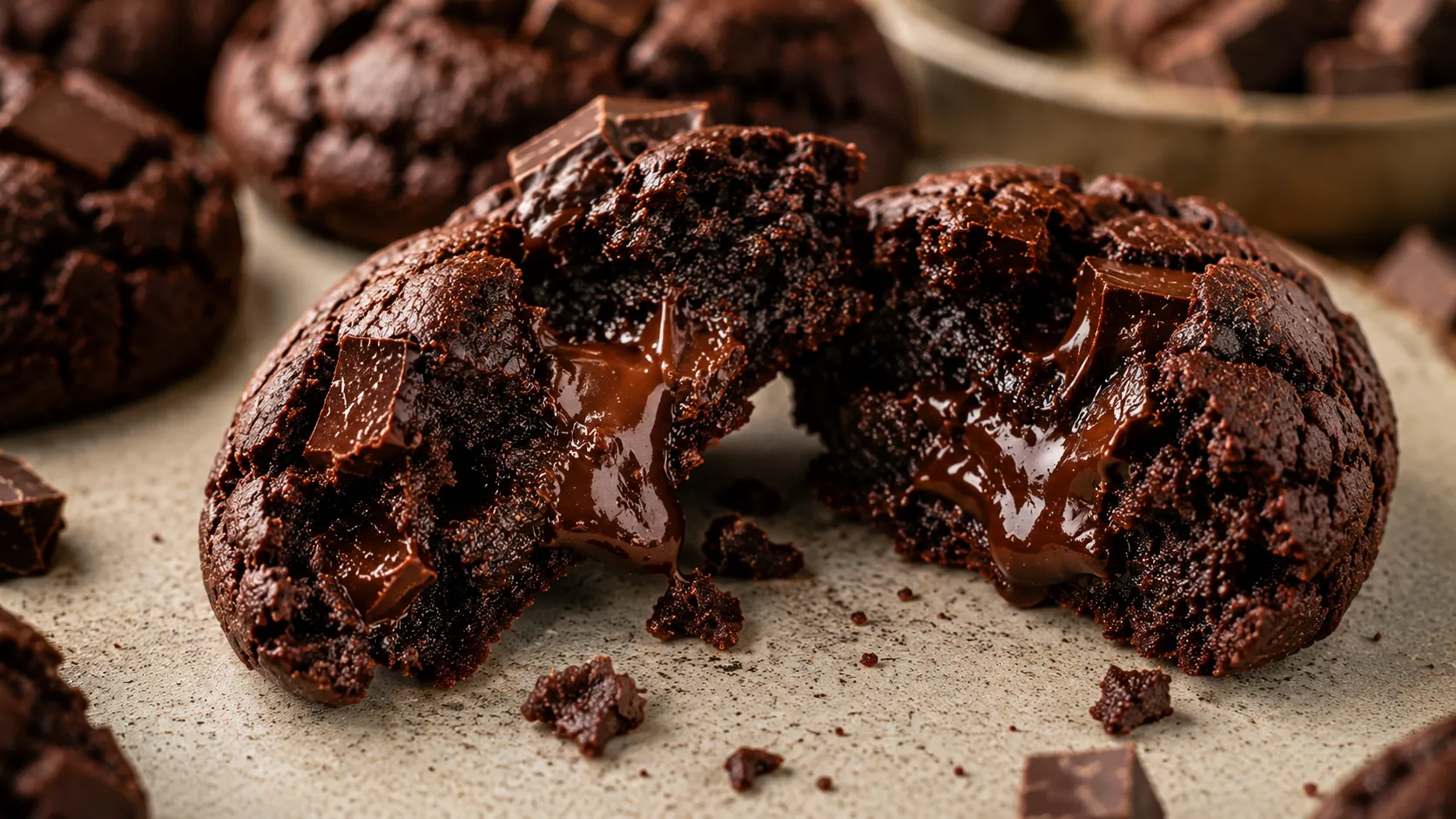 Aufgebrochener Double Chocolate Cookie mit geschmolzener Schokolade und weicher Mitte