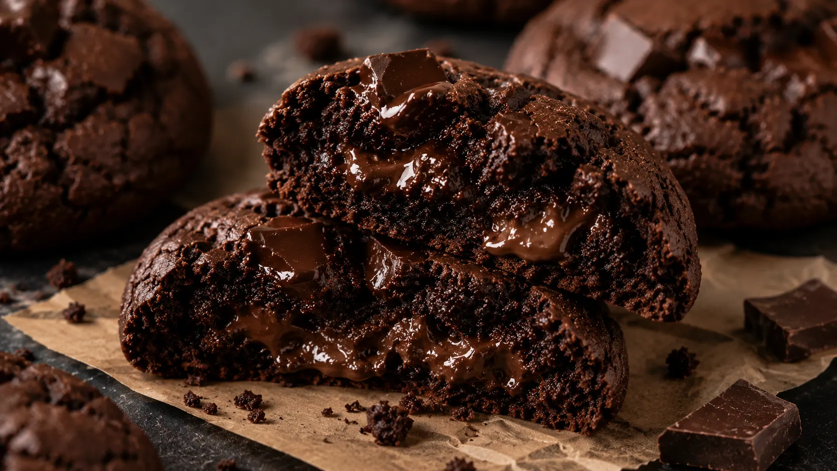 Aufgebrochener Double Chocolate Cookie mit geschmolzener Schokolade