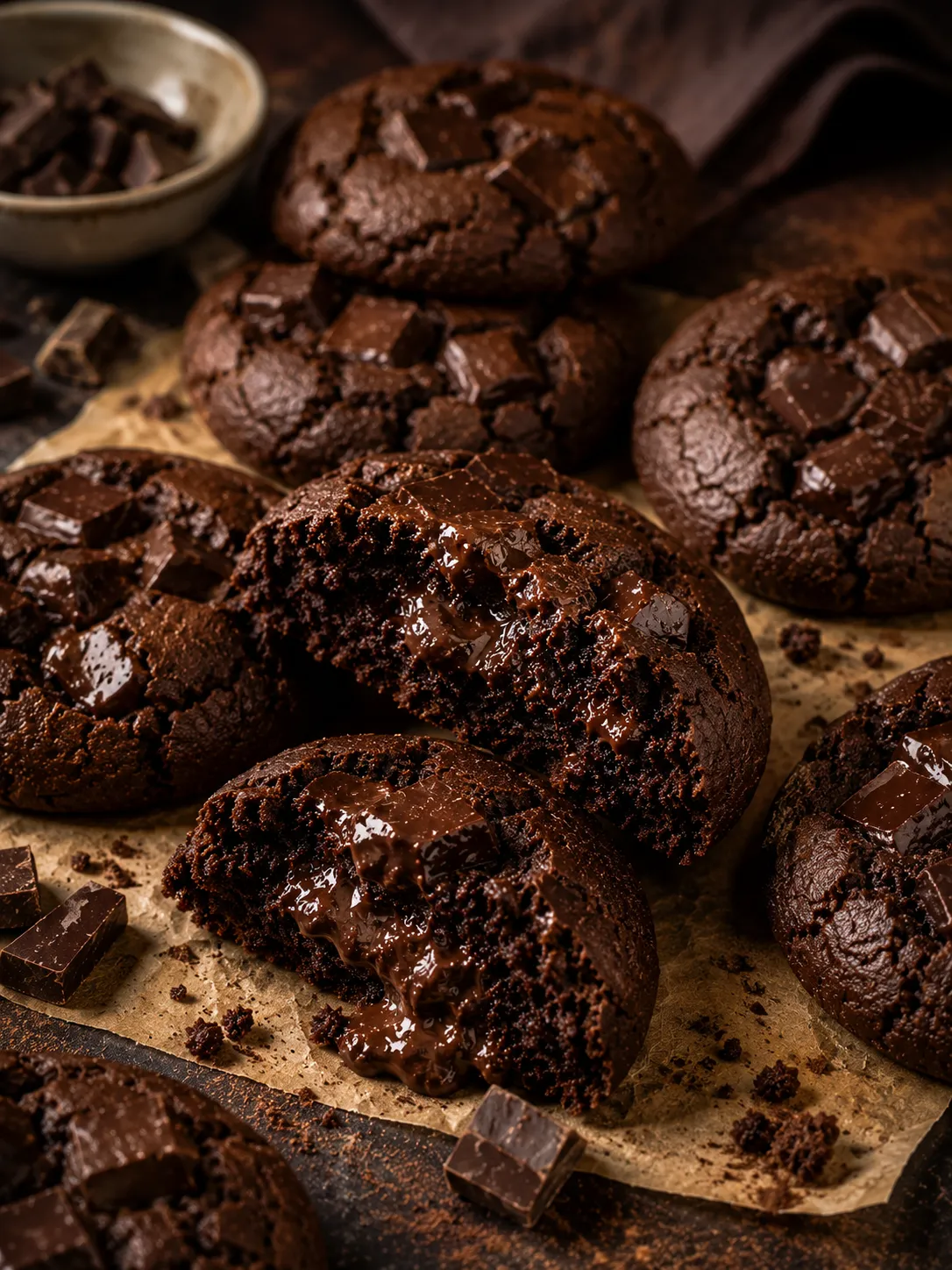 Mehrere Double Chocolate Cookies mit geschmolzener Schokolade