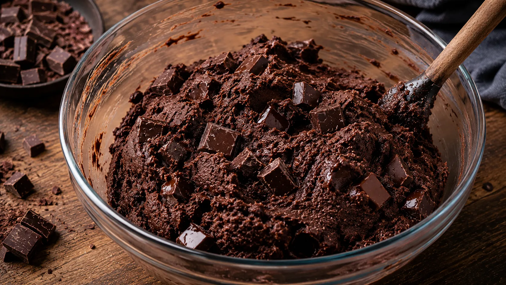 Dunkler Cookie-Teig mit großen Stücken Zartbitterschokolade in einer Glasschüssel