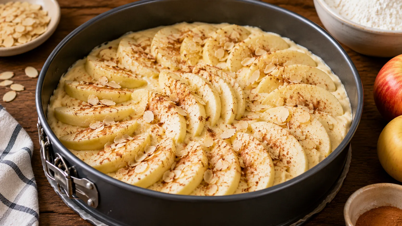 Apfelkuchen vor dem Backen mit Apfelspalten, Zimt und Mandeln in der Springform