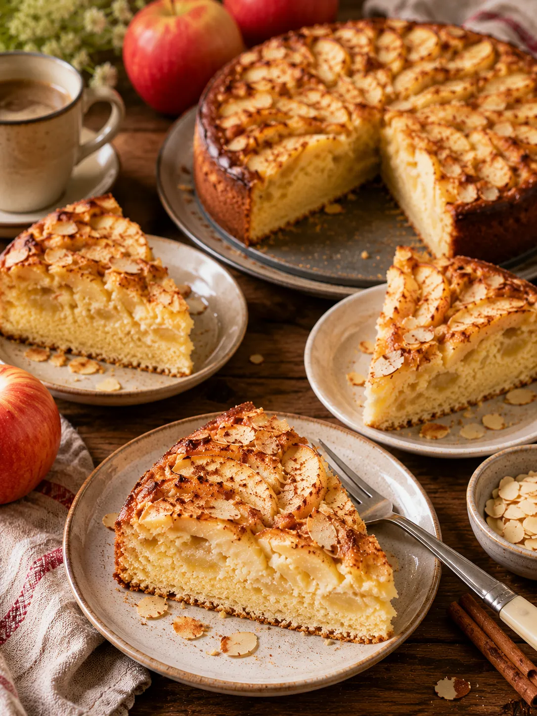 Mehrere Stücke Apfelkuchen mit Apfelspalten, Zimt und Mandeln auf einem Holztisch