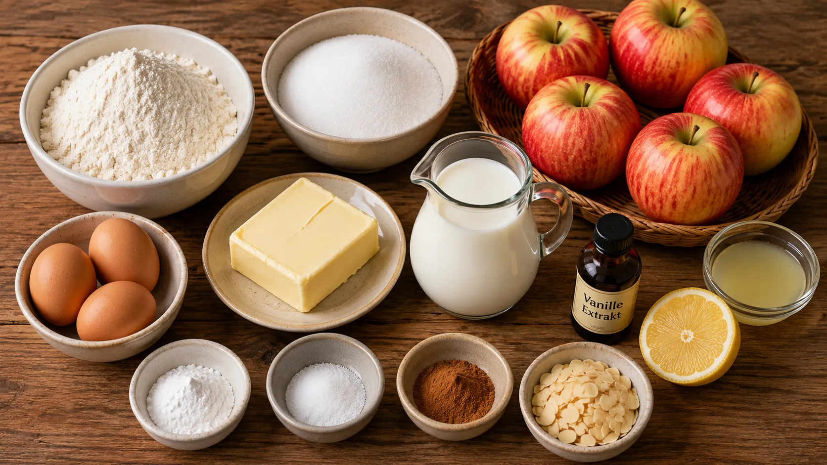 Zutaten für einfachen Apfelkuchen mit Äpfeln, Mehl, Butter, Zimt und Mandeln
