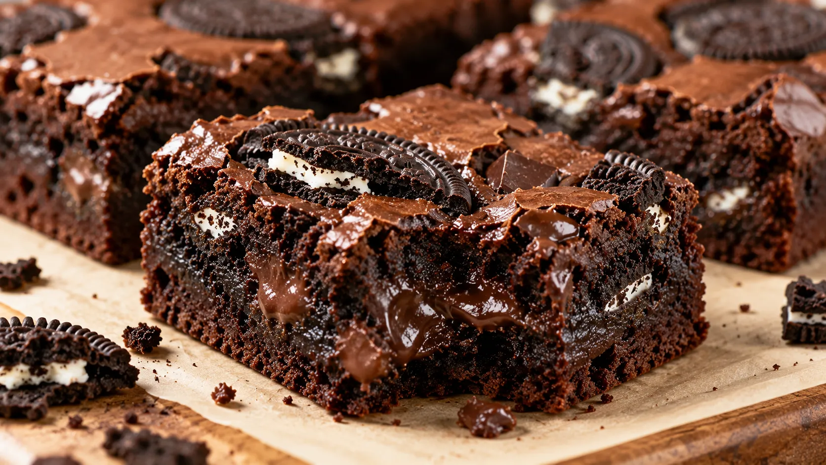 Fudgy Oreo Brownies mit geschmolzener Schokolade
