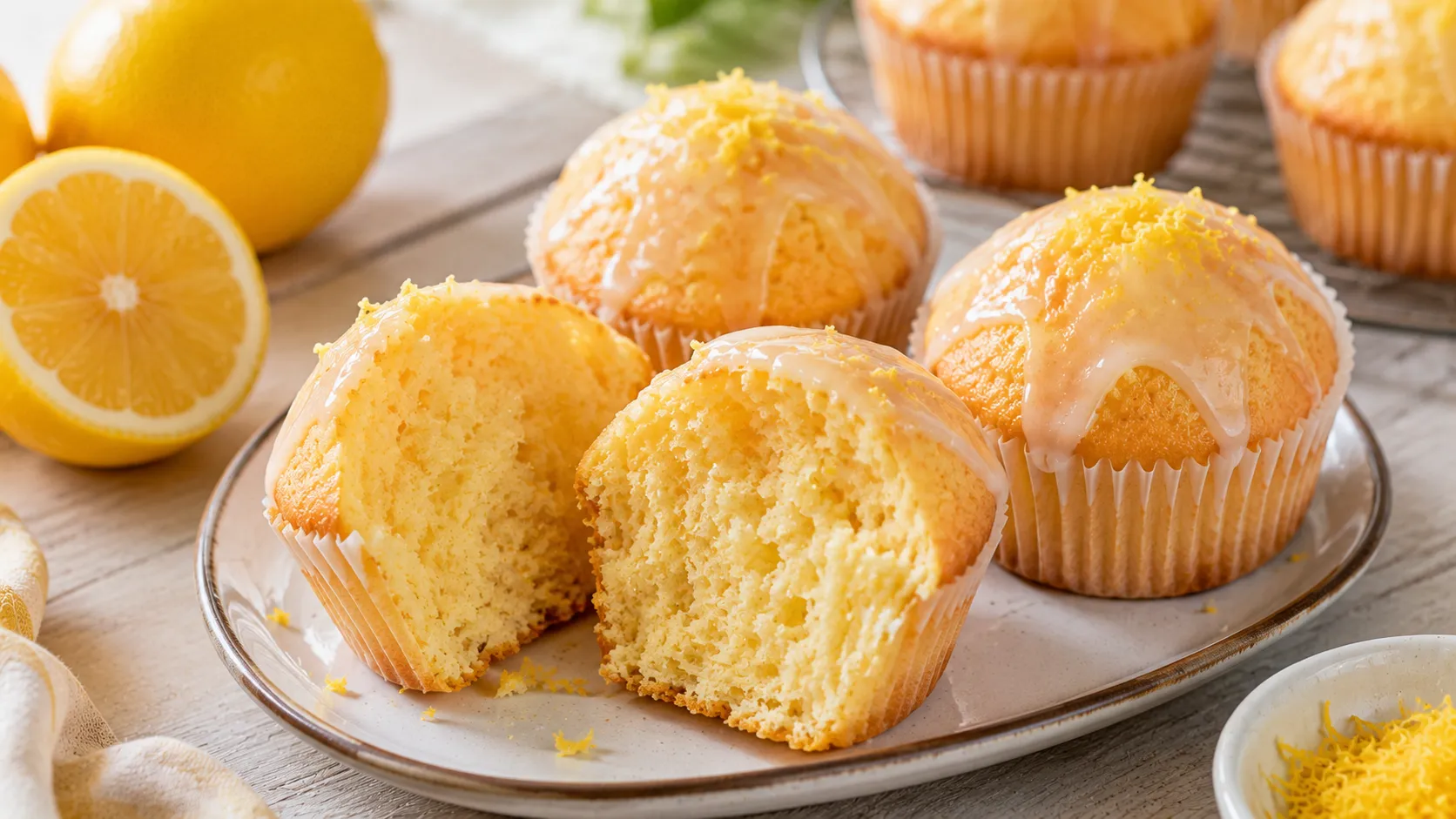 Fertige saftige Zitronen Muffins mit Zitronenglasur