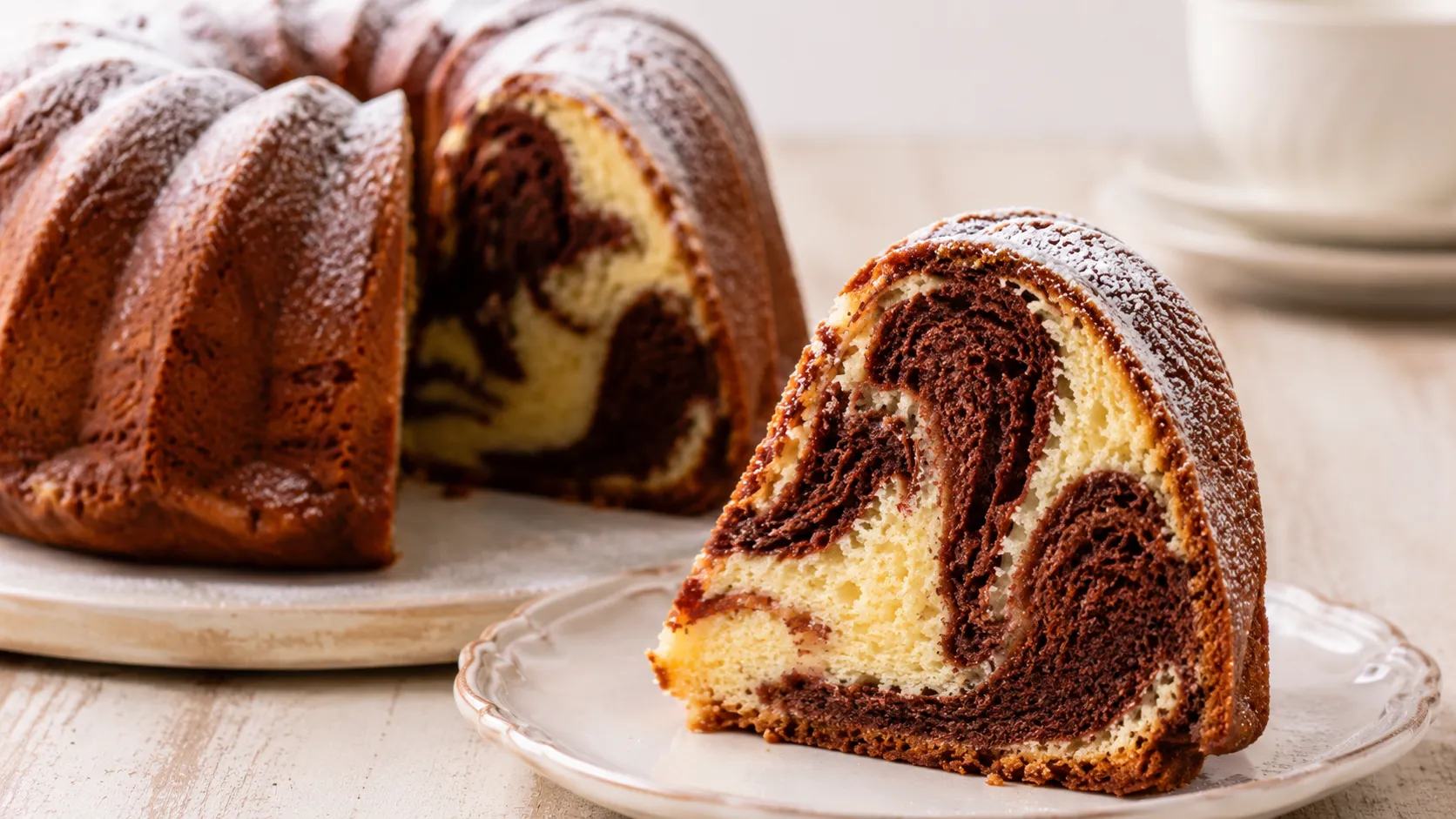 Aufgeschnittener Marmorkuchen mit deutlicher Marmorierung