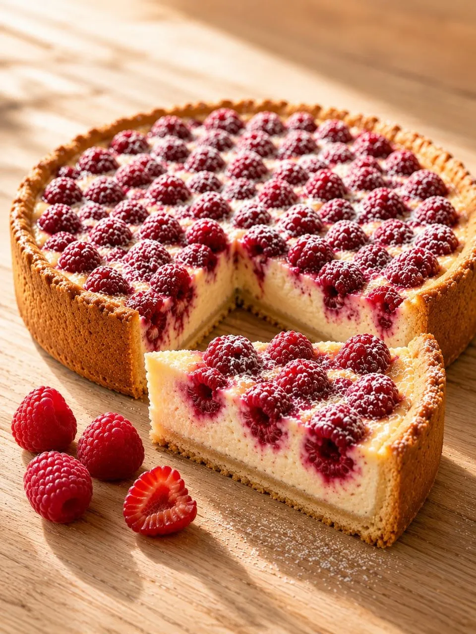 Hausgemachter Himbeer Schmand Kuchen mit cremiger Schmandfüllung und frischen Himbeeren.