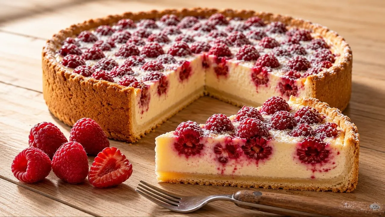 Angeschnittener Himbeer Schmand Kuchen mit cremiger Schmandfüllung und frischen Himbeeren.