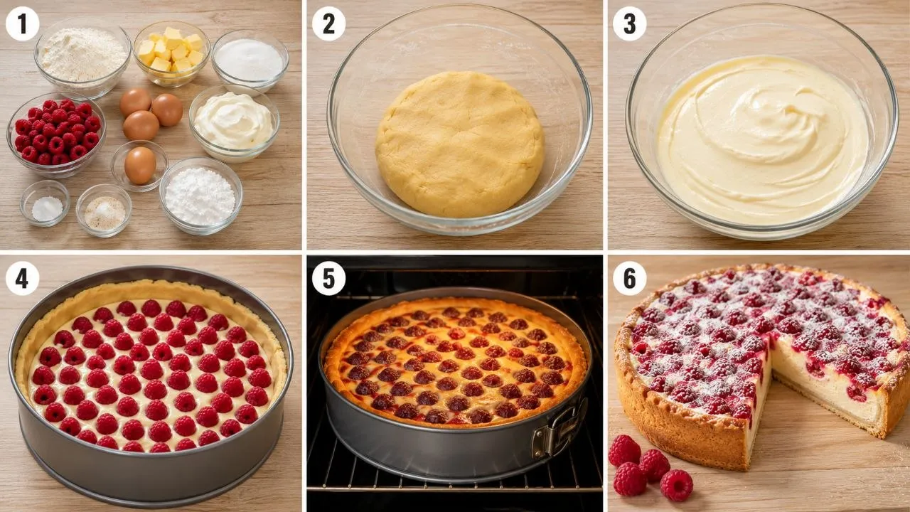 Schritt-für-Schritt Zubereitung für Himbeer Schmand Kuchen mit Mürbeteig, Schmandfüllung und Himbeeren.
