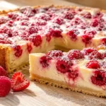 Hausgemachter Himbeer Schmand Kuchen mit cremiger Schmandfüllung, knusprigem Mürbeteig und frischen Himbeeren.