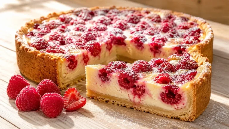 Hausgemachter Himbeer Schmand Kuchen mit cremiger Schmandfüllung, knusprigem Mürbeteig und frischen Himbeeren.