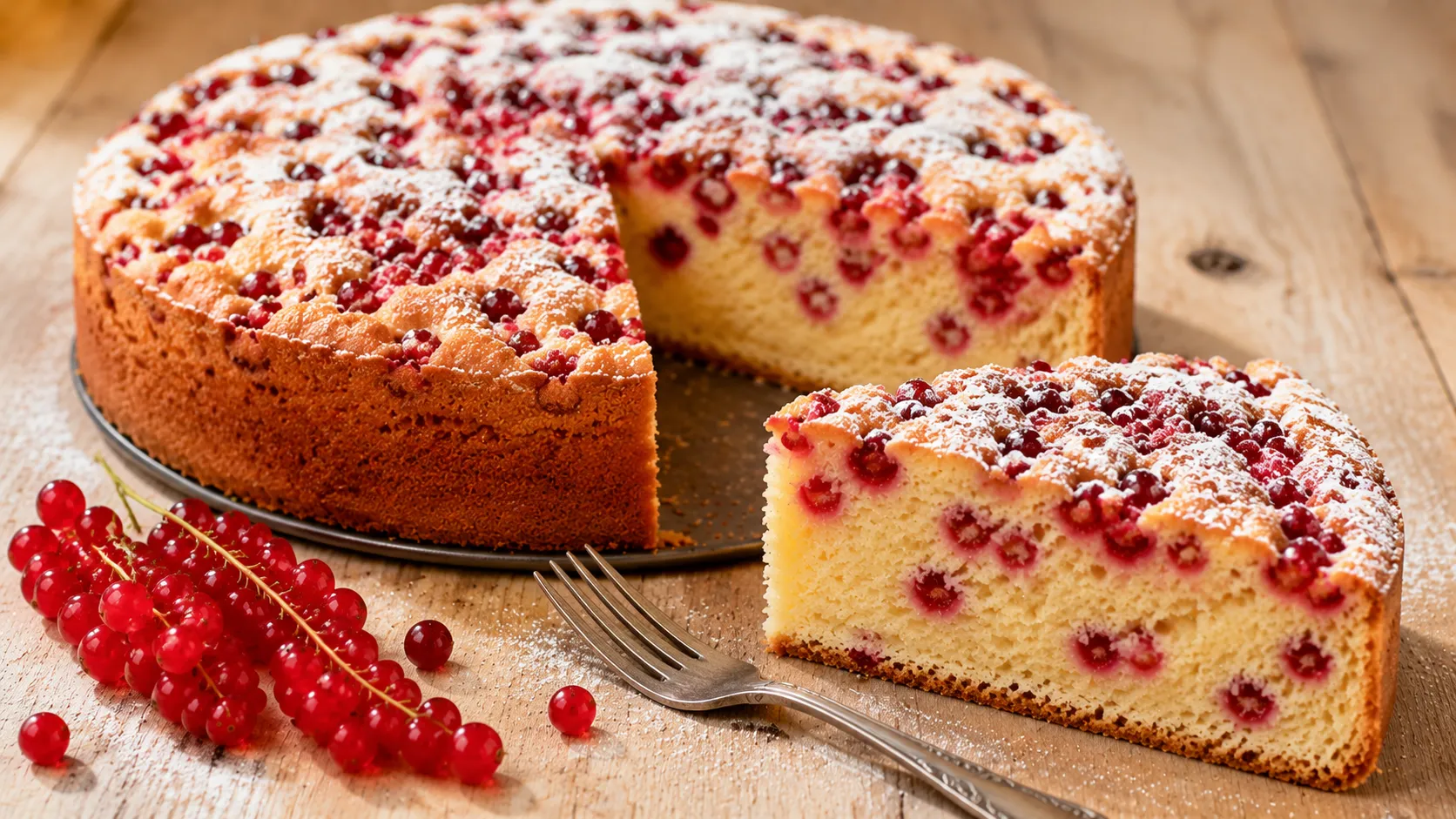 Angeschnittener Johannisbeerkuchen mit lockerer Krume und frischen roten Johannisbeeren