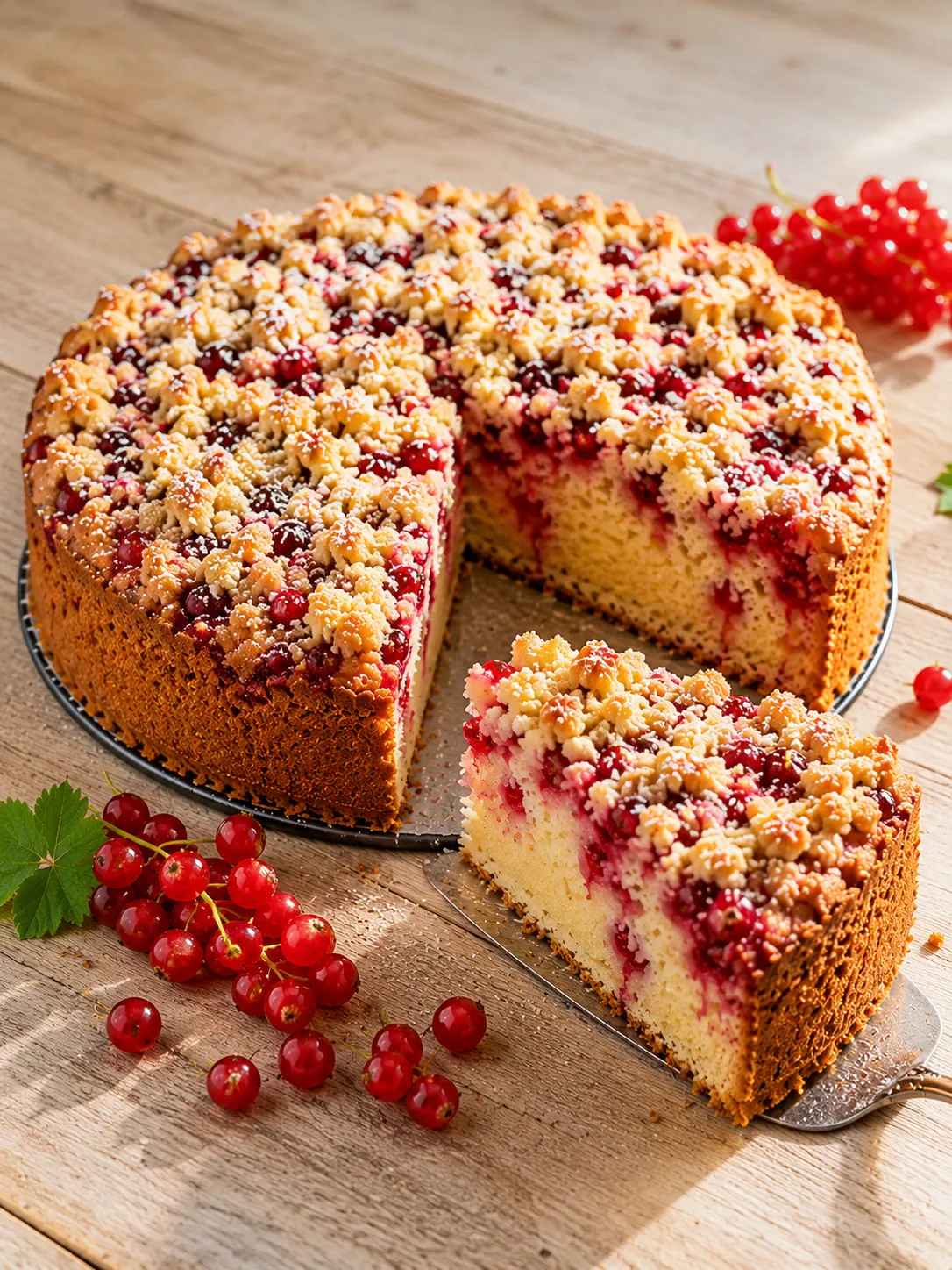 Hausgemachter Johannisbeerkuchen mit Streusel und frischen roten Johannisbeeren