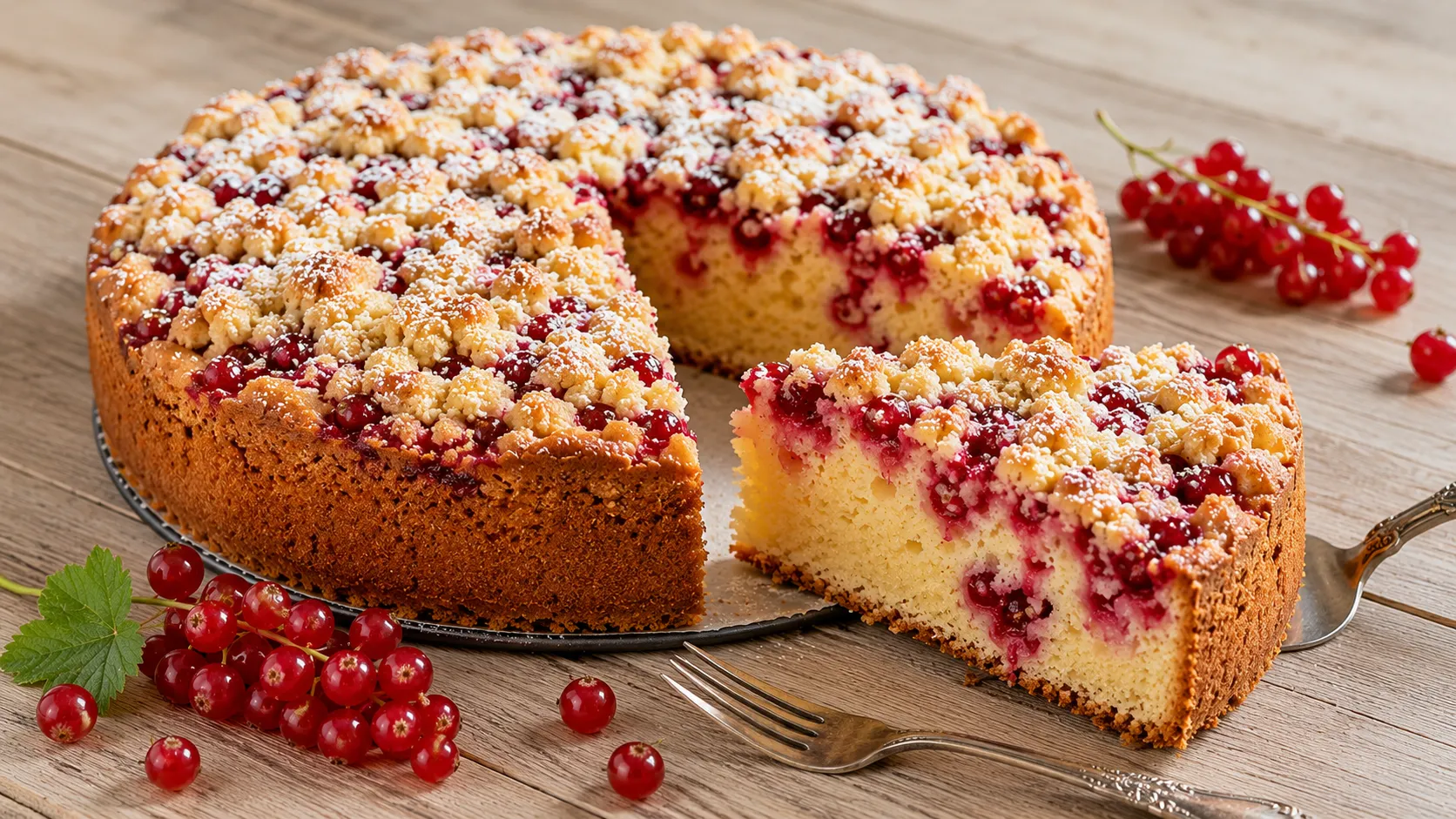 Fertiger Johannisbeerkuchen mit Streusel auf einer Kaffeetafel