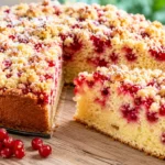 Saftiger Johannisbeerkuchen mit knusprigen Butterstreuseln und frischen roten Johannisbeeren