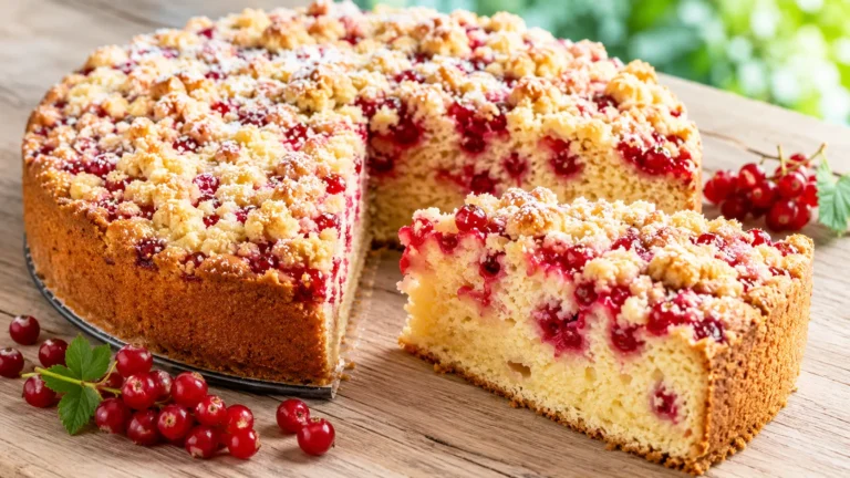 Saftiger Johannisbeerkuchen mit knusprigen Butterstreuseln und frischen roten Johannisbeeren