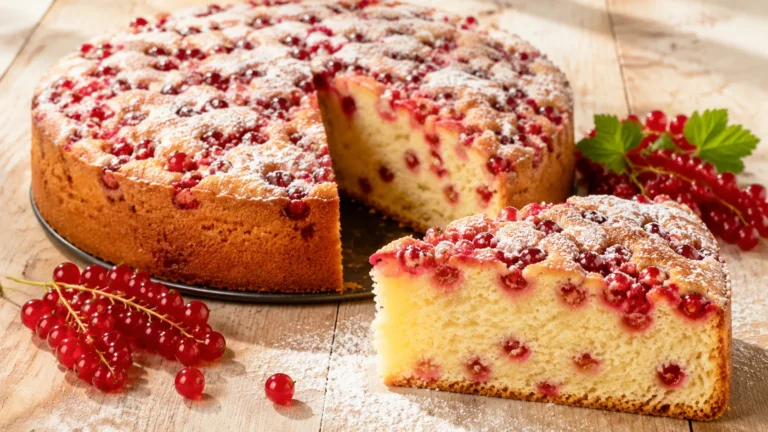 Saftiger Johannisbeerkuchen mit frischen roten Johannisbeeren und lockerem Rührteig