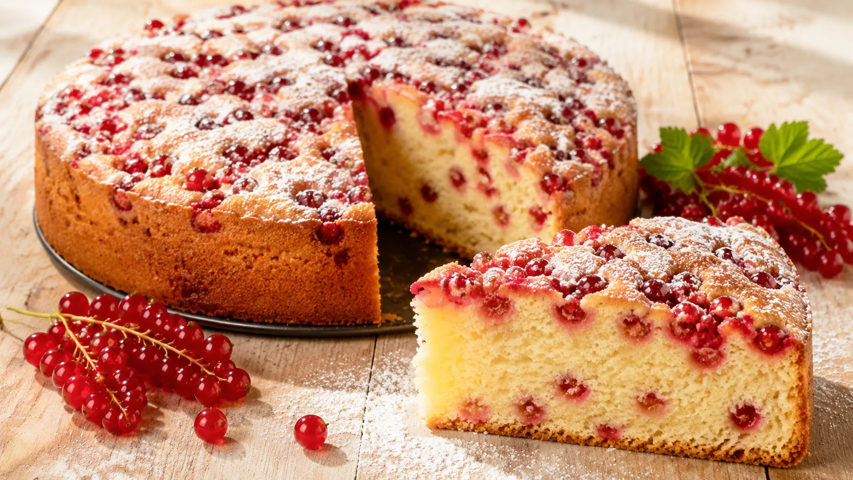Saftiger Johannisbeerkuchen mit frischen roten Johannisbeeren und lockerem Rührteig