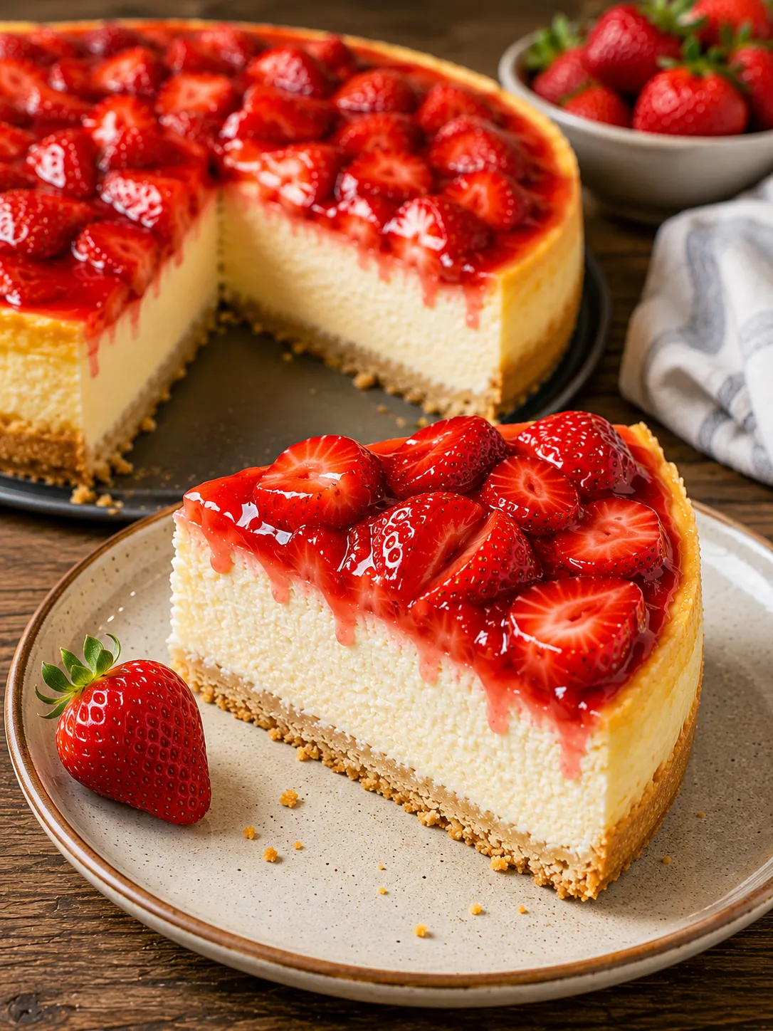 Käsekuchen mit Erdbeeren mit cremiger Füllung und frischen Erdbeeren im 3:4 Format.