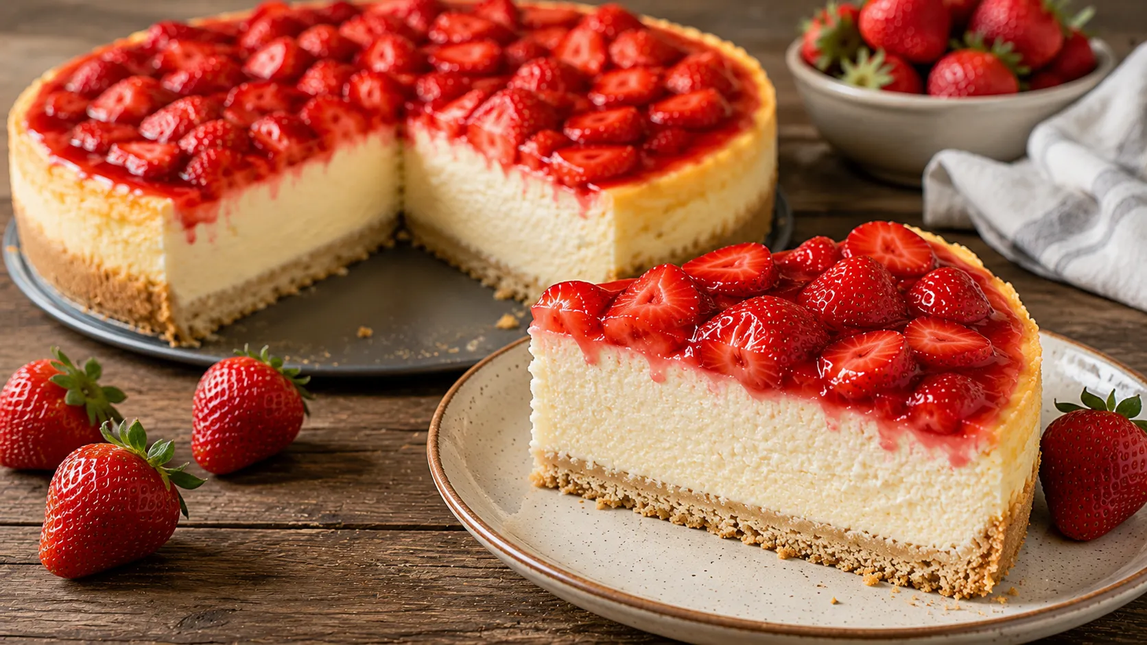 Anschnitt von Käsekuchen mit Erdbeeren mit cremiger Füllung und frischen Erdbeeren.