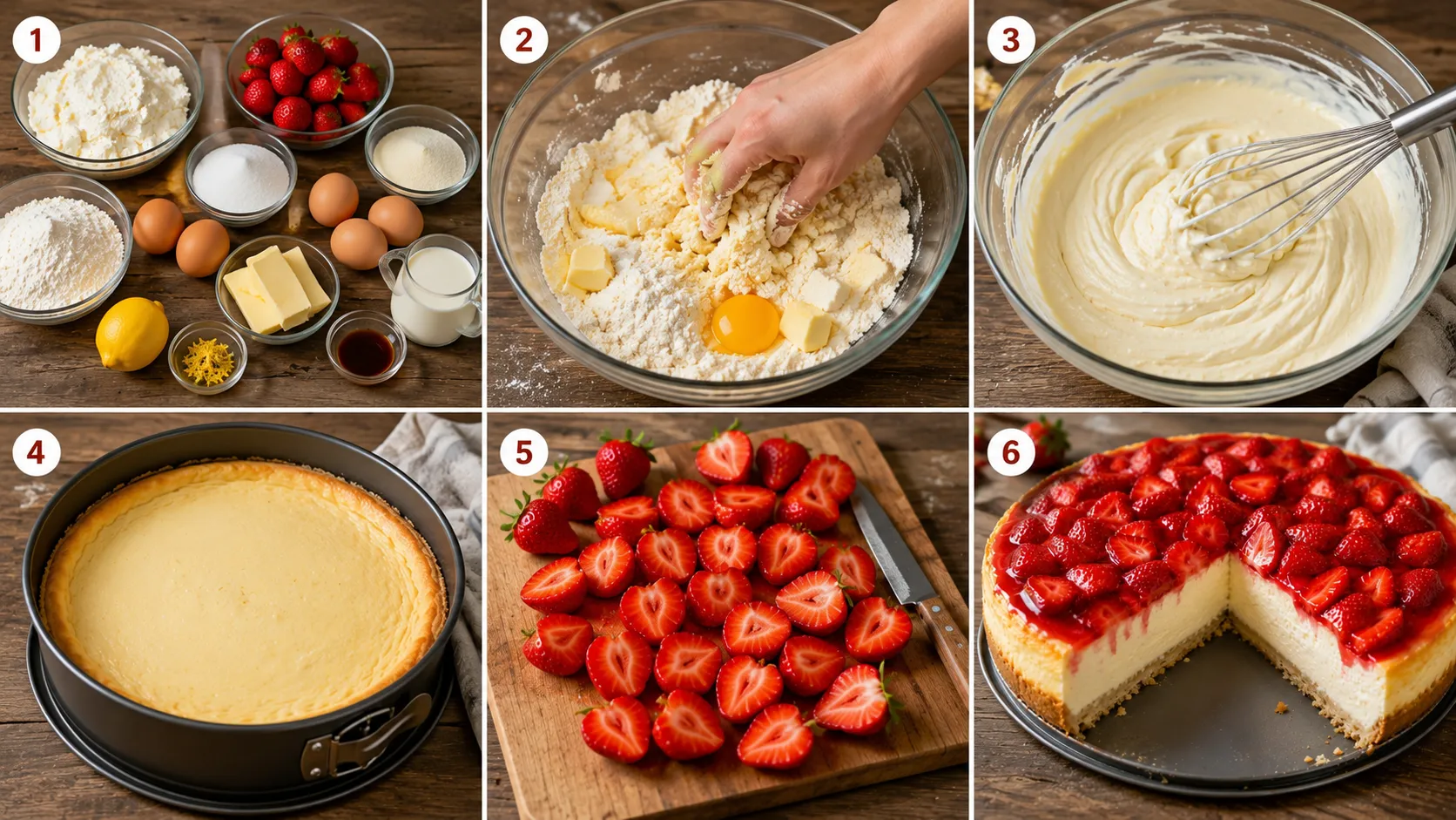 Käsekuchen mit Erdbeeren Schritt für Schritt von den Zutaten bis zum fertigen Kuchen.