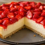 Käsekuchen mit Erdbeeren mit cremiger Quarkfüllung, frischen Erdbeeren und rotem Tortenguss.