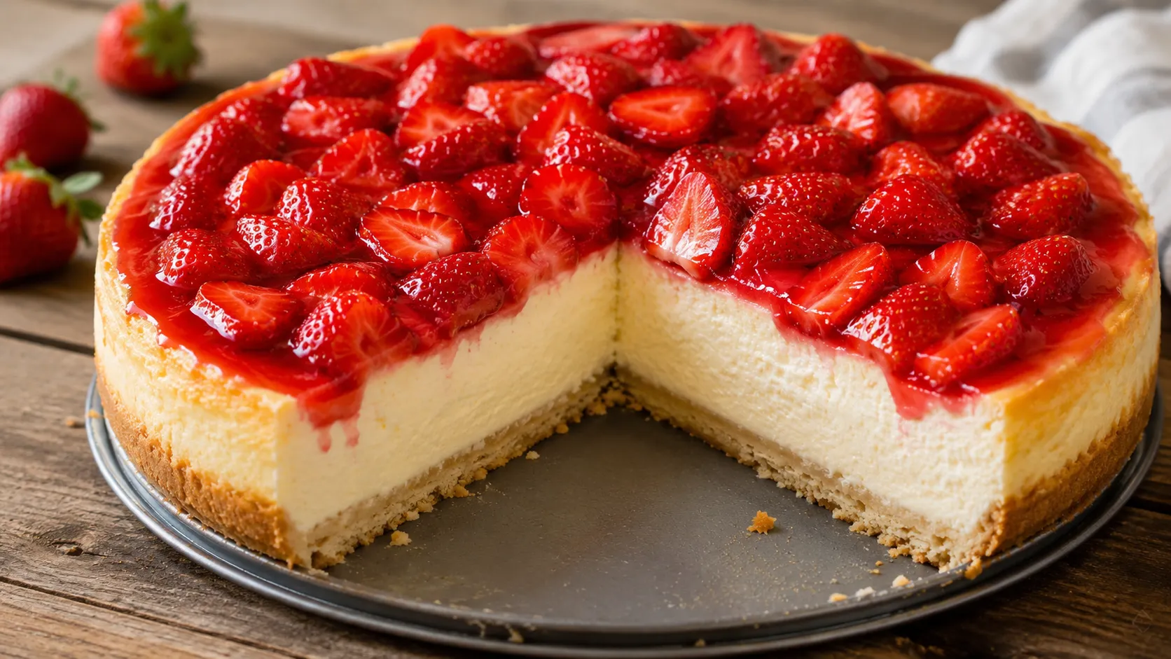 Käsekuchen mit Erdbeeren mit cremiger Quarkfüllung, frischen Erdbeeren und rotem Tortenguss.