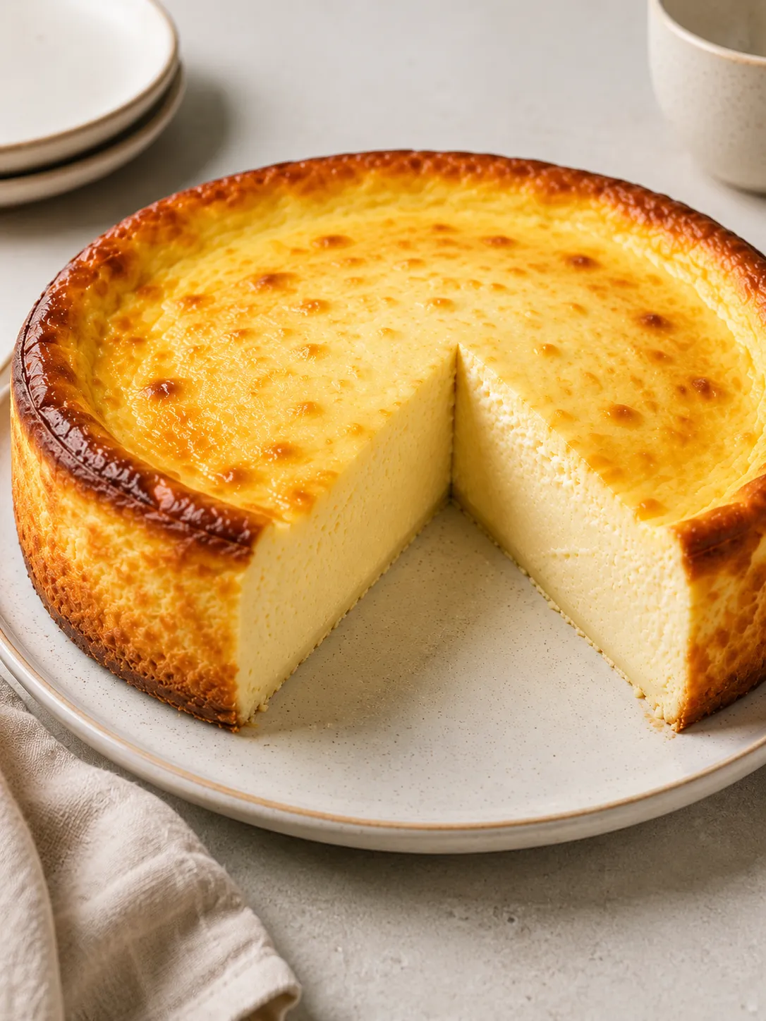 Käsekuchen ohne Boden im Hochformat mit sichtbarer QuarkfüllungCremiger Käsekuchen ohne Boden im 3:4 Format.
