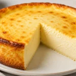 Cremiger Käsekuchen ohne Boden mit angeschnittenem Stück auf einem Teller