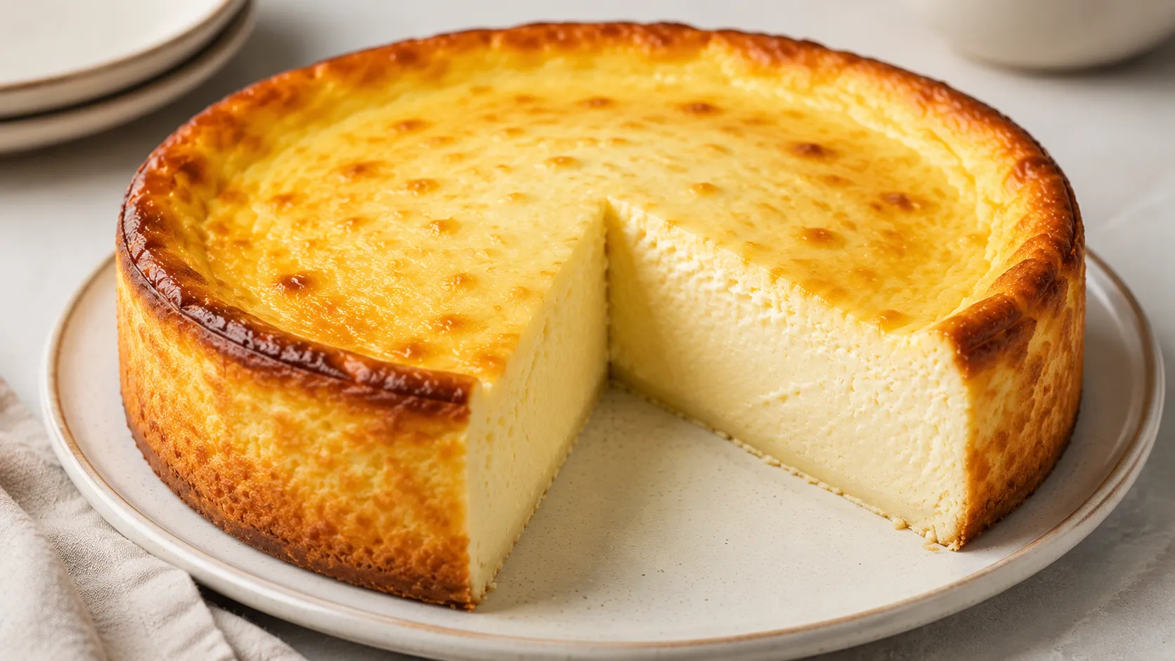 Cremiger Käsekuchen ohne Boden mit angeschnittenem Stück auf einem Teller