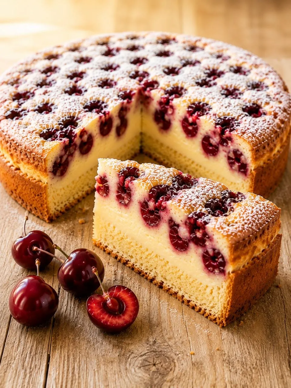 Hausgemachter Kirsch Pudding Kuchen mit cremiger Vanillepuddingfüllung und saftigen Sauerkirschen im Hochformat.