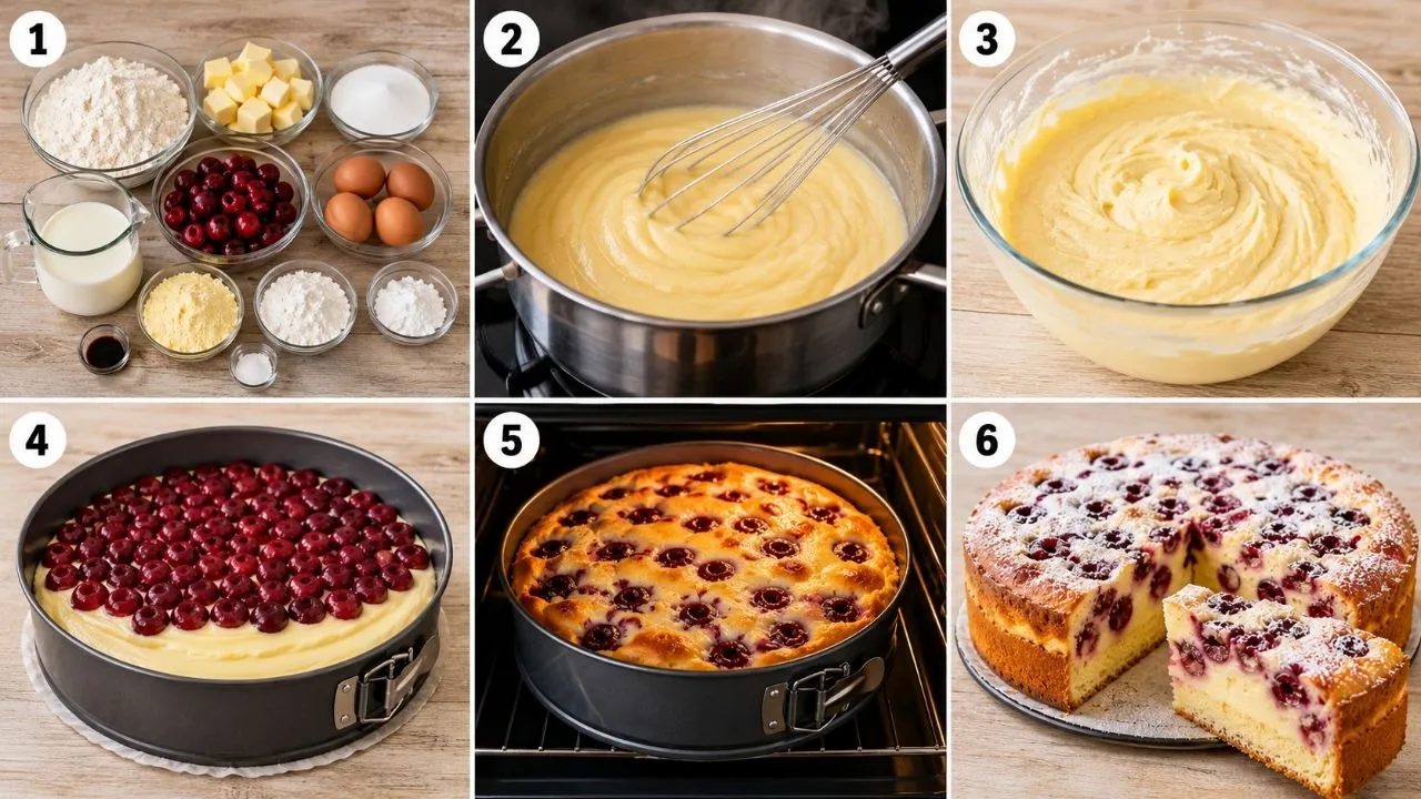 Schritt-für-Schritt-Anleitung für Kirsch Pudding Kuchen mit Rührteig, Vanillepudding und Sauerkirschen.