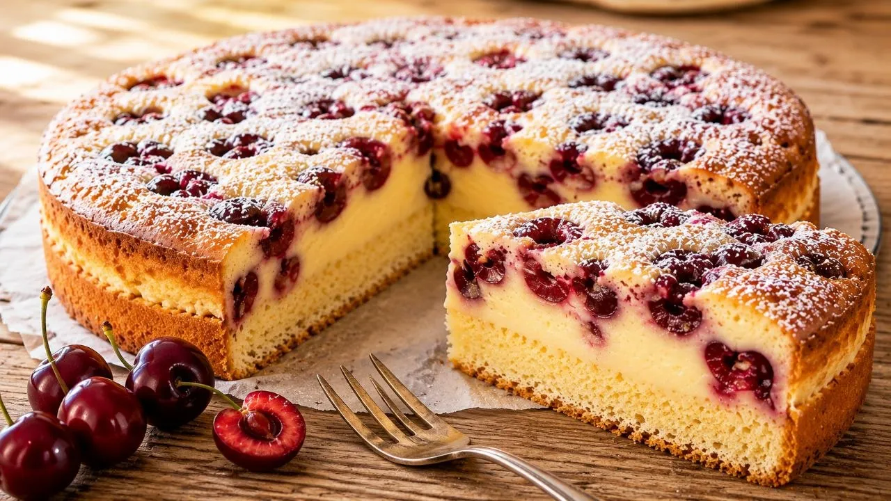 Angeschnittener Kirsch Pudding Kuchen mit cremiger Vanillepuddingfüllung und saftigen Sauerkirschen.
